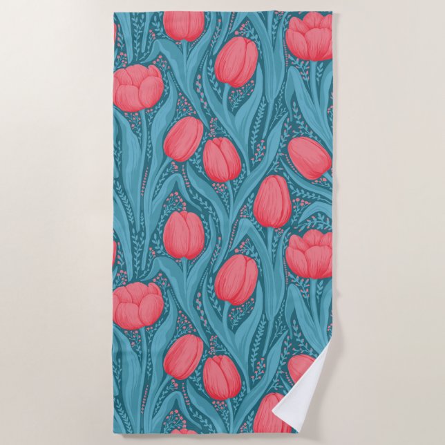 Serviette De Plage Tulipes en bleu et rouge (Devant)