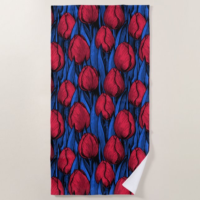 Serviette De Plage Tulipes en rouge et bleu (Devant)
