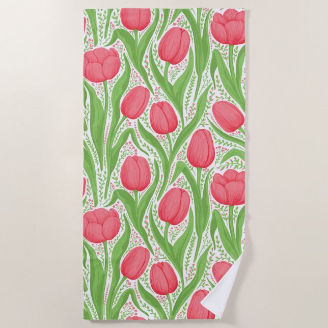 Serviette De Plage Tulipes en rouge et vert (Devant)