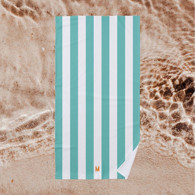 Serviette De Plage Turquoise bande de cabane et monogramme orange per (Créateur téléchargé)