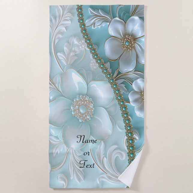Serviette De Plage Turquoise Blanc Floral Beach (Devant)