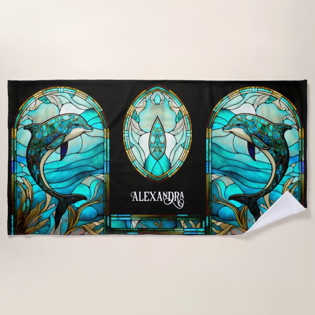 Serviette De Plage Turquoise bleu dauphin look de verre tendu (Devant)