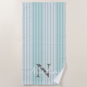 Serviette De Plage Turquoise Gris gris rayures Monogramme