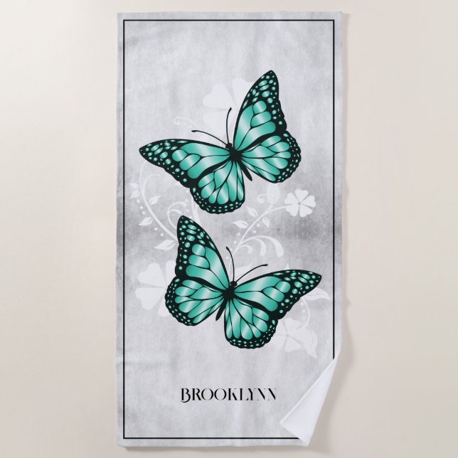 Serviette de plage turquoise Papillon Floral (Devant)