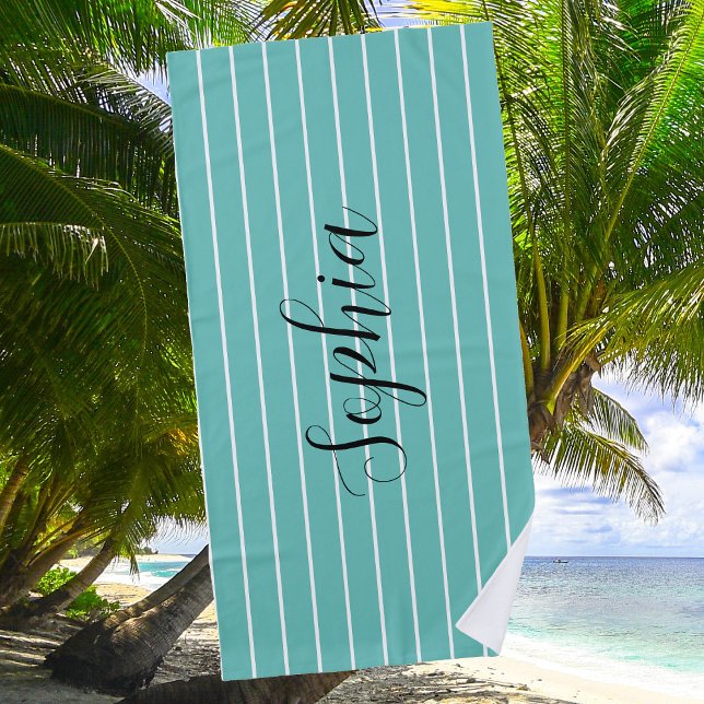Serviette De Plage Turquoise stries sur blanc et noir Nom de script 2 (Créateur téléchargé)
