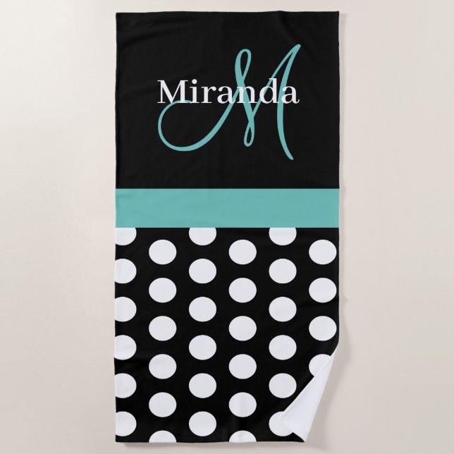 Serviette De Plage Turquoise vert Monogramme noir blanc Polka point (Devant)