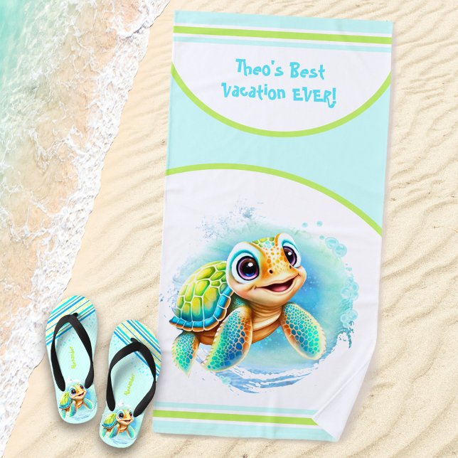 Serviette De Plage Turtle Vacances été Cute Nom personnalisé Garçon (Créateur téléchargé)
