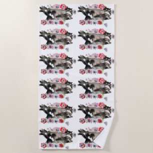 Serviette De Plage Tuxedo Chat Cute Jolie Fleurs Chats Aquarelle