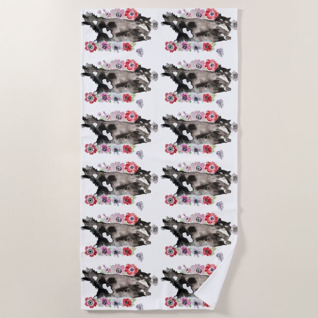 Serviette De Plage Tuxedo Chat Cute Jolie Fleurs Chats Aquarelle (Devant)