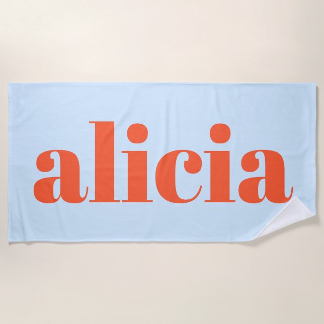Serviette De Plage Typographie Moderne Nom Personnalisé Bleu Orange (Devant)