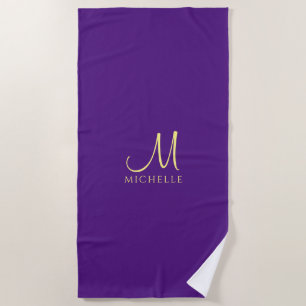 Serviette De Plage Typographie Nom du monogramme Royal Purple & Gold