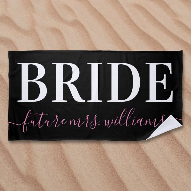 Serviette De Plage Typography Future Mrs. Name Bride Pink Black (Créateur téléchargé)