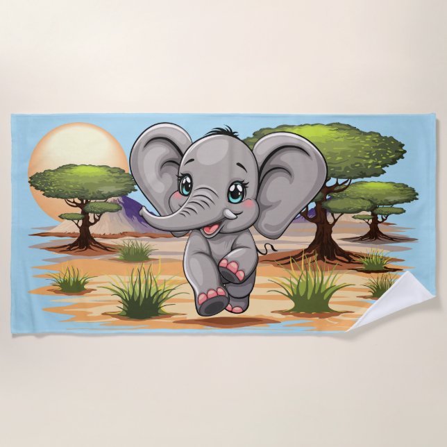 Serviette De Plage Un bébé éléphant qui sonne heureux dans la savane  (Devant)