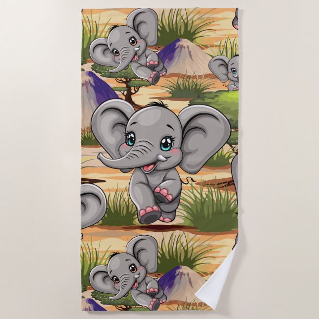 Serviette De Plage Un bébé éléphant qui sonne heureux dans la savane  (Devant)
