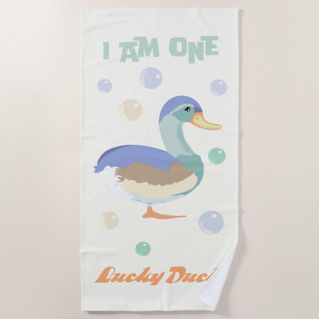 Serviette De Plage Un canard chanceux & bulles jaune doux (Devant)