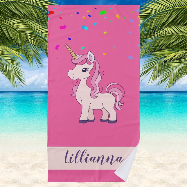 Serviette De Plage Unicorn Confetti Tendance élégant Monogramme (Créateur téléchargé)