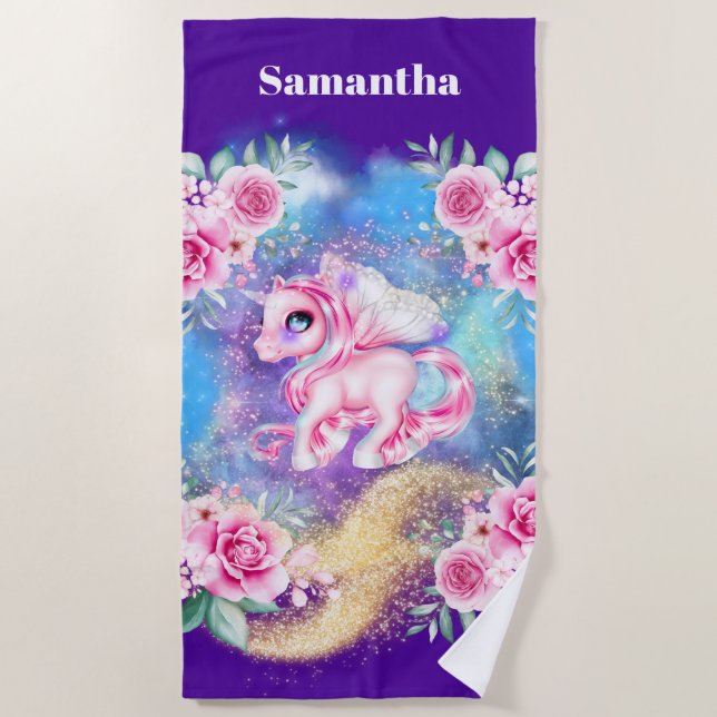 Serviette De Plage Unicorn magie parties scintillant filles nom imagi (Devant)
