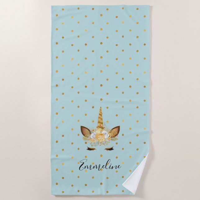 Serviette De Plage Unicorne florale Mint Gold (Devant)