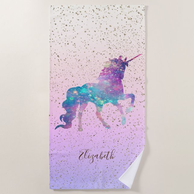Serviette De Plage Unicorne Magique, Confetti Or - Personnalisé (Devant)