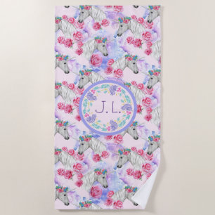 Serviette De Plage Unicornes monogrammes et Roses