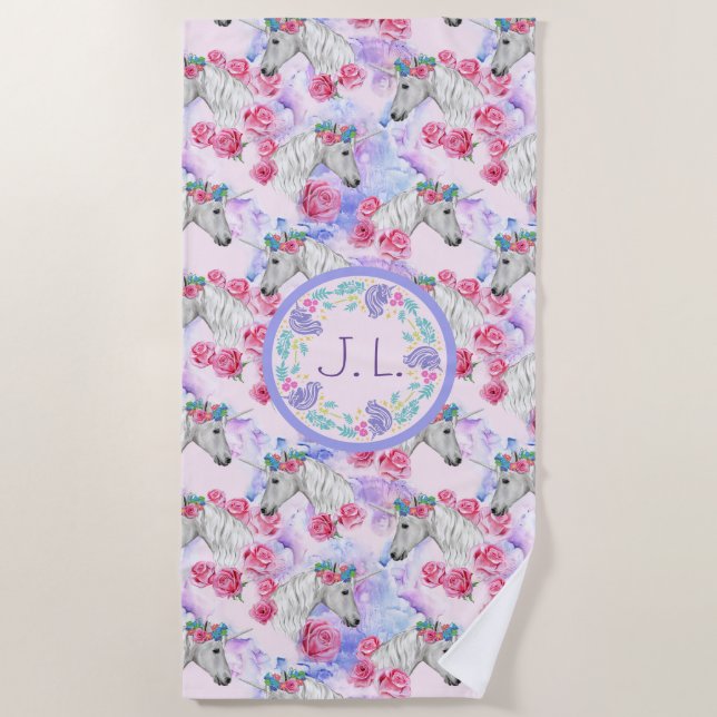 Serviette De Plage Unicornes monogrammes et Roses (Devant)