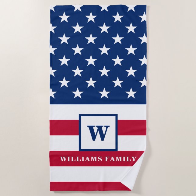 Serviette De Plage USA American Flag Monogramme Nom de famille 4 juil (Devant)