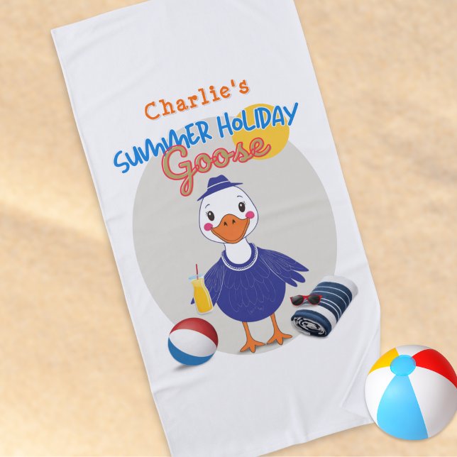 Serviette De Plage Vacances d'été Goose mignonne Personnalisé (A fun, colorful beach towel with summer holiday goose design, personalized with a name)