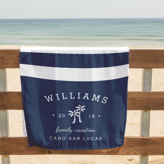 Serviette De Plage Vacances familiales personnalisées Navy & White St (Créateur téléchargé)