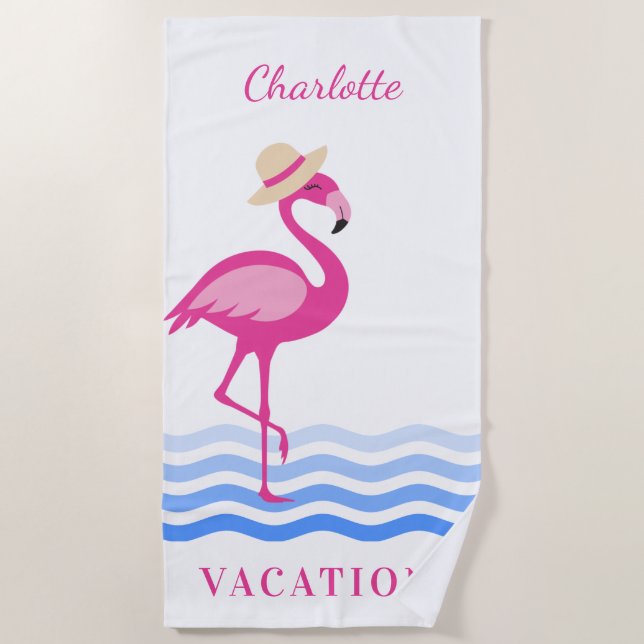 Serviette De Plage Vacances monogramme Flamant rose rose vagues (Devant)