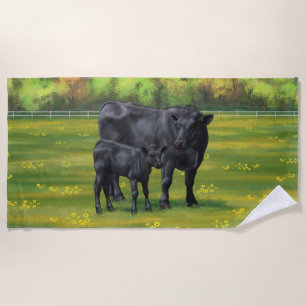 Serviette De Plage Vache d'Angus noir et veau mou en pâturage d'été