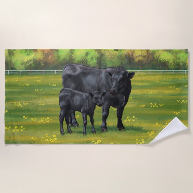 Serviette De Plage Vache d'Angus noir et veau mou en pâturage d'été (Devant)