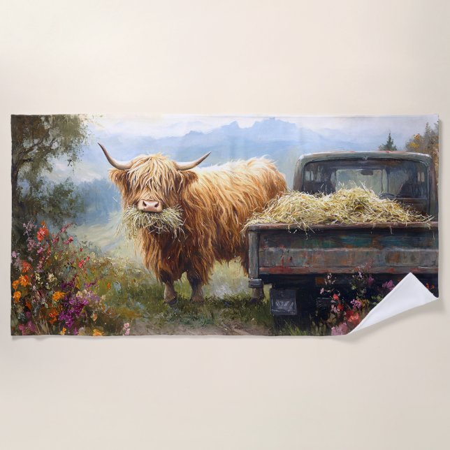 Serviette De Plage Vache des Highlands mangeant du foin (Devant)