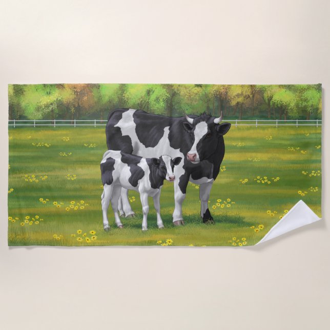 Serviette De Plage Vache Holstein et veau mignon en pâturage d'été (Devant)