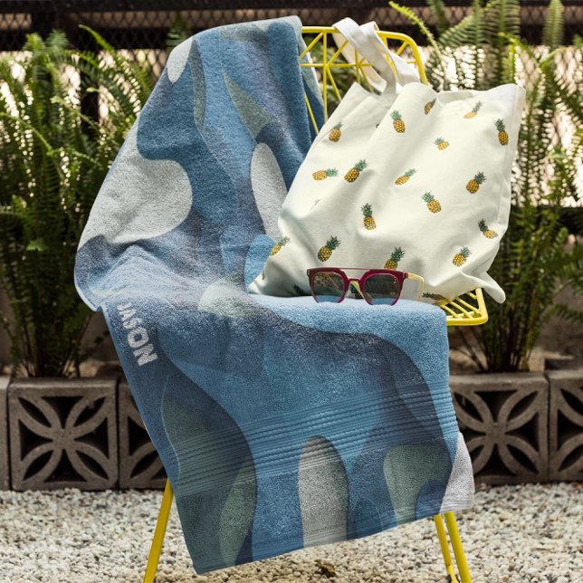 Serviette De Plage Vagues Camouflage Bleu Rétro Monogramme Moderne (Créateur téléchargé)