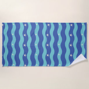 Serviette De Plage Vagues d'océan bleu marine et étoiles de mer en mo