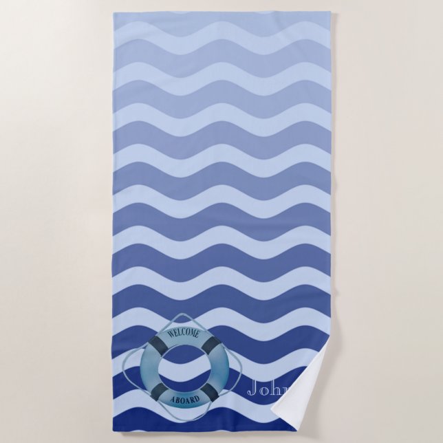 Serviette De Plage Vagues Rayées Bleu Marine Nautique (Devant)