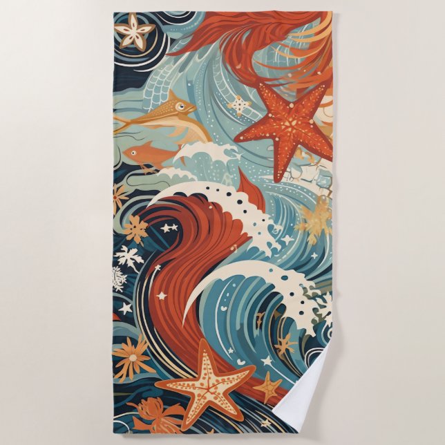 Serviette De Plage Vagues Vintages et Starfish (Devant)