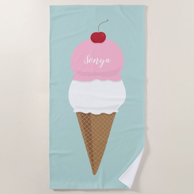 Serviette De Plage Vanille et fraise Ice Crème cône Nom et couleur (Devant)