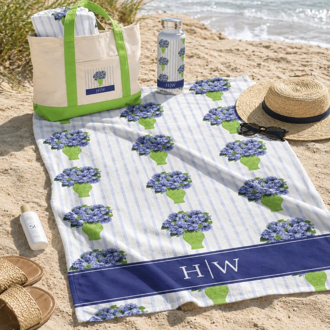 Serviette De Plage Vase de fleurs côtières à monogramme Hortensia Ble (Créateur téléchargé)