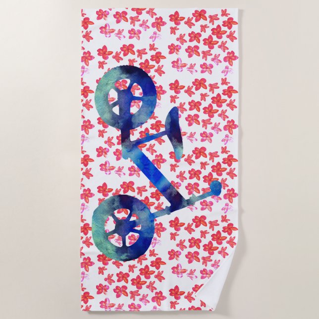 Serviette De Plage Vélo et fleurs bleus d'aquarelle (Devant)