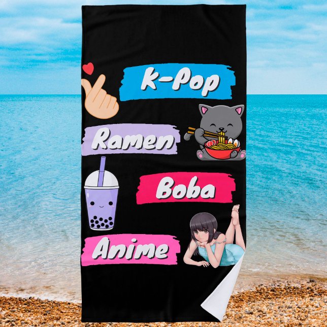 Serviette De Plage Ventilateur de culture K-Pop, Ramen, Boba et Anime (Créateur téléchargé)