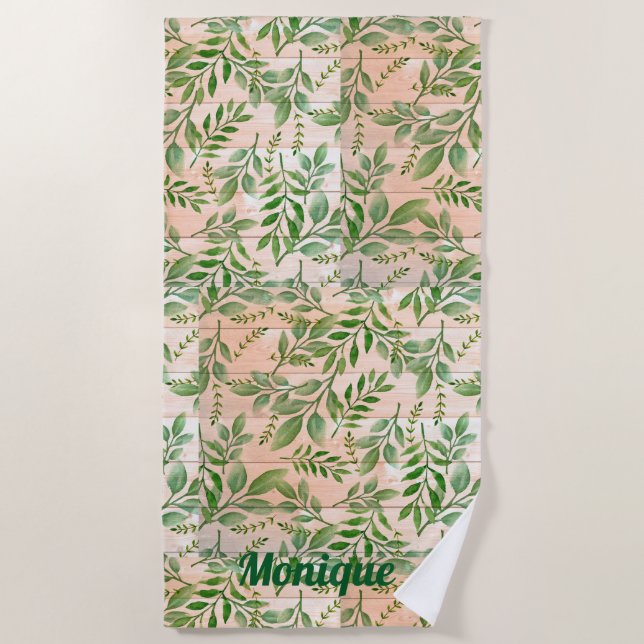Serviette De Plage Verdure Abstraite sur Faux Wood Arrière - plan (Devant)