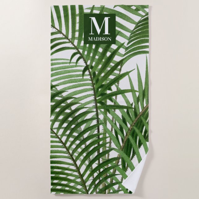 Serviette De Plage Verdure tropicale Aquarelle Palmier Monogramme (Devant)
