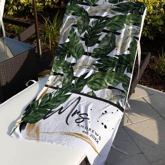 Serviette De Plage Verdure tropicale estivale | Mrs. Brushed Script (Créateur téléchargé)