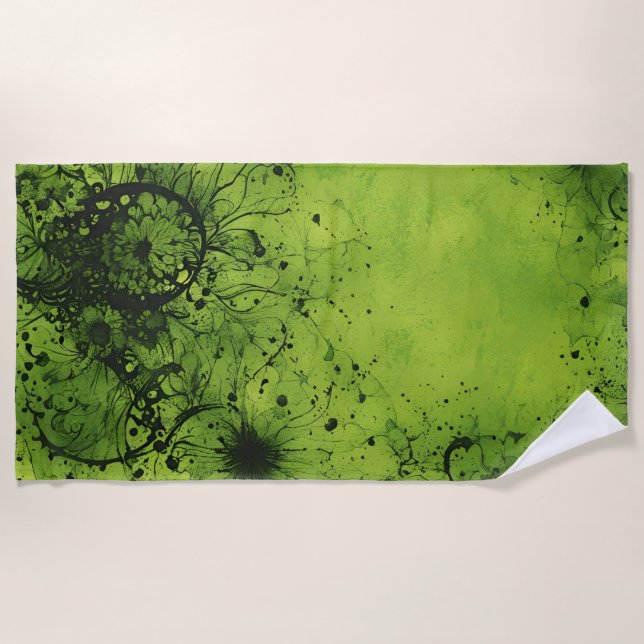 Serviette De Plage Vert Citron Grunge avec Accents Noirs (Devant)
