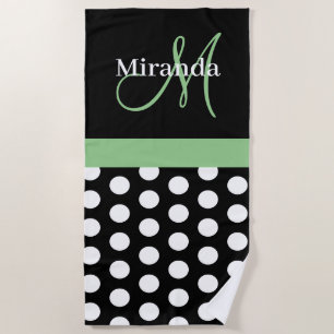 Serviette De Plage Vert Monogramme Noir Blanc Polka Dot Beach Serviet