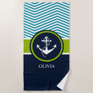 SERVIETTE DE PLAGE VERT NAUTIQUE RAYÉ ET MARINE DE MONOGRAMME D'ANCRE