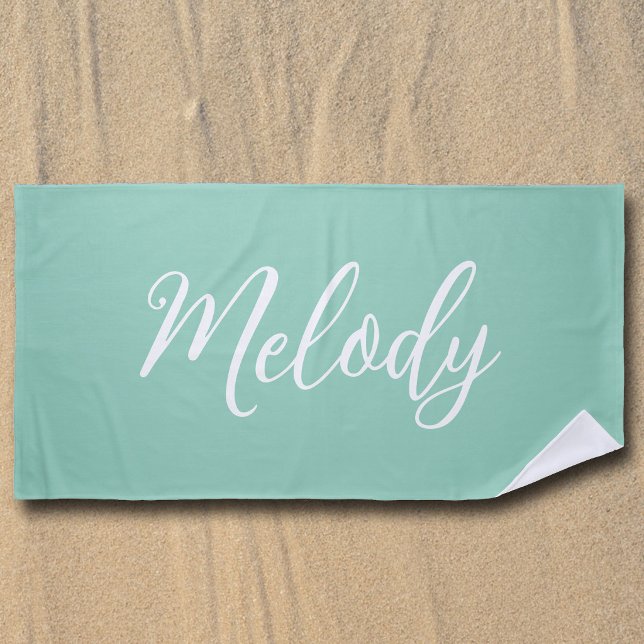 Serviette De Plage Vert saumâtre chic personnalisé nom écriture manus (Créateur téléchargé)