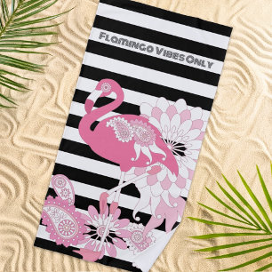 Serviette De Plage Vibes de flamant rose uniquement rayures noires et
