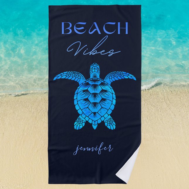 Serviette De Plage Vibes de plage Tortue bleue Personnalisé (Beach Vibes sea turtle personalized beach towel)